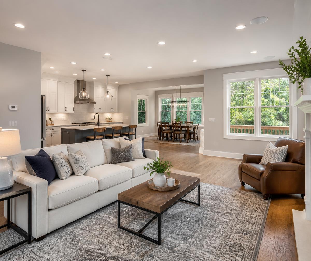 Bright, welcoming living room and kitchen inside a well-kept family home